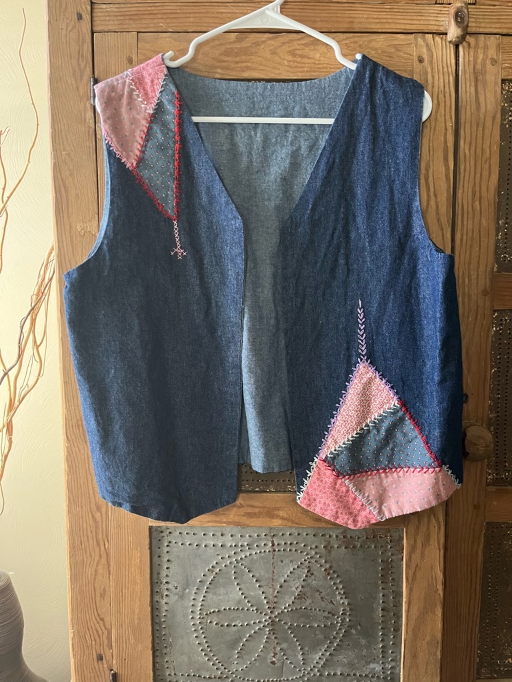 Embroidered Patchwork Denim Vest in Blue & Pink